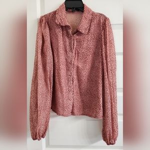 Lulu's Mauve button down sheer Blouse with velvet textured dot detail. Size M